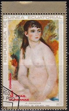 z vendido Guinea Ecuatorial 1973 Michel 210 Sello Pintura Pierre Auguste Renoir Diana Museo de Arte Moscu Mujeres Desnudas Matasello de favor Preobliterado 